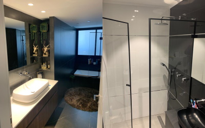 Modern bathroom interior with minimalistic shower and bathtub